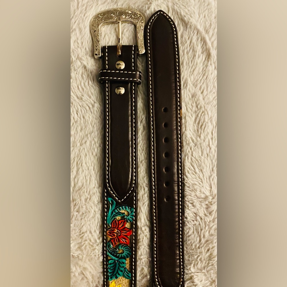 NWOT Circle Y of Yoakum Rising Sunflower Filigree Leather Belt - Picture 6 of 9